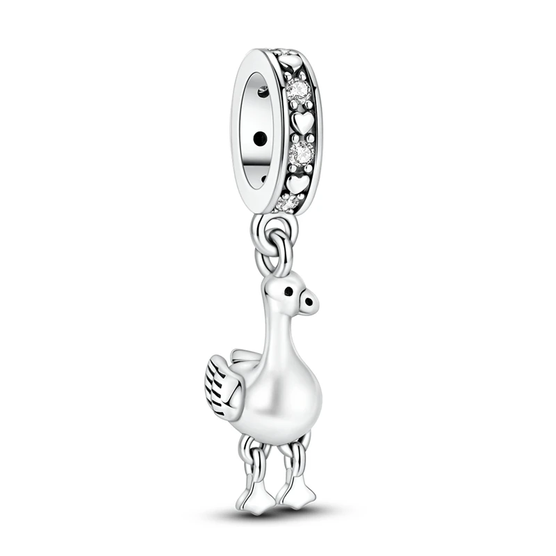925 Sterling Silver Cute Goose Dangle Charm Bead Movable Dangling Legs Animal Bead Fit Bracelet Jewelry Gift for Animal Lovers
