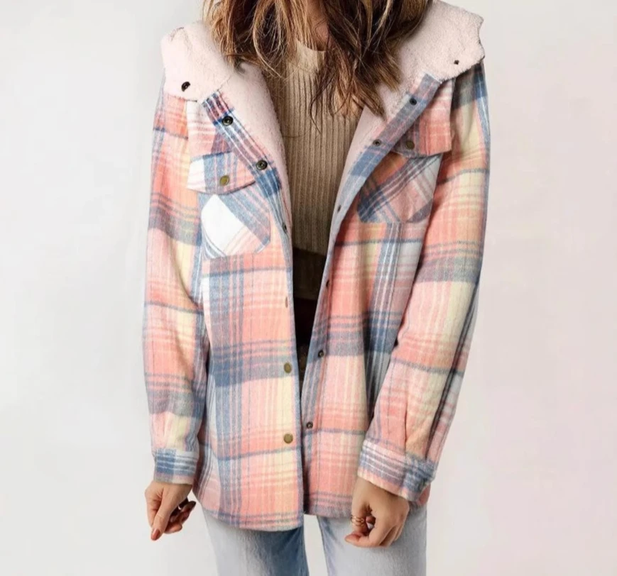 سترة نسائية لخريف وشتاء 2025 ذات مربعات وأكمام طويلة وغطاء للرأس مع جيوب #5