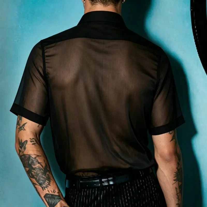 Mens Sheer Shirt Cuban Collar Short Sleeve See Through Transparent Mesh Button Up Retro Vintage Party Clubwear Nightclub Men