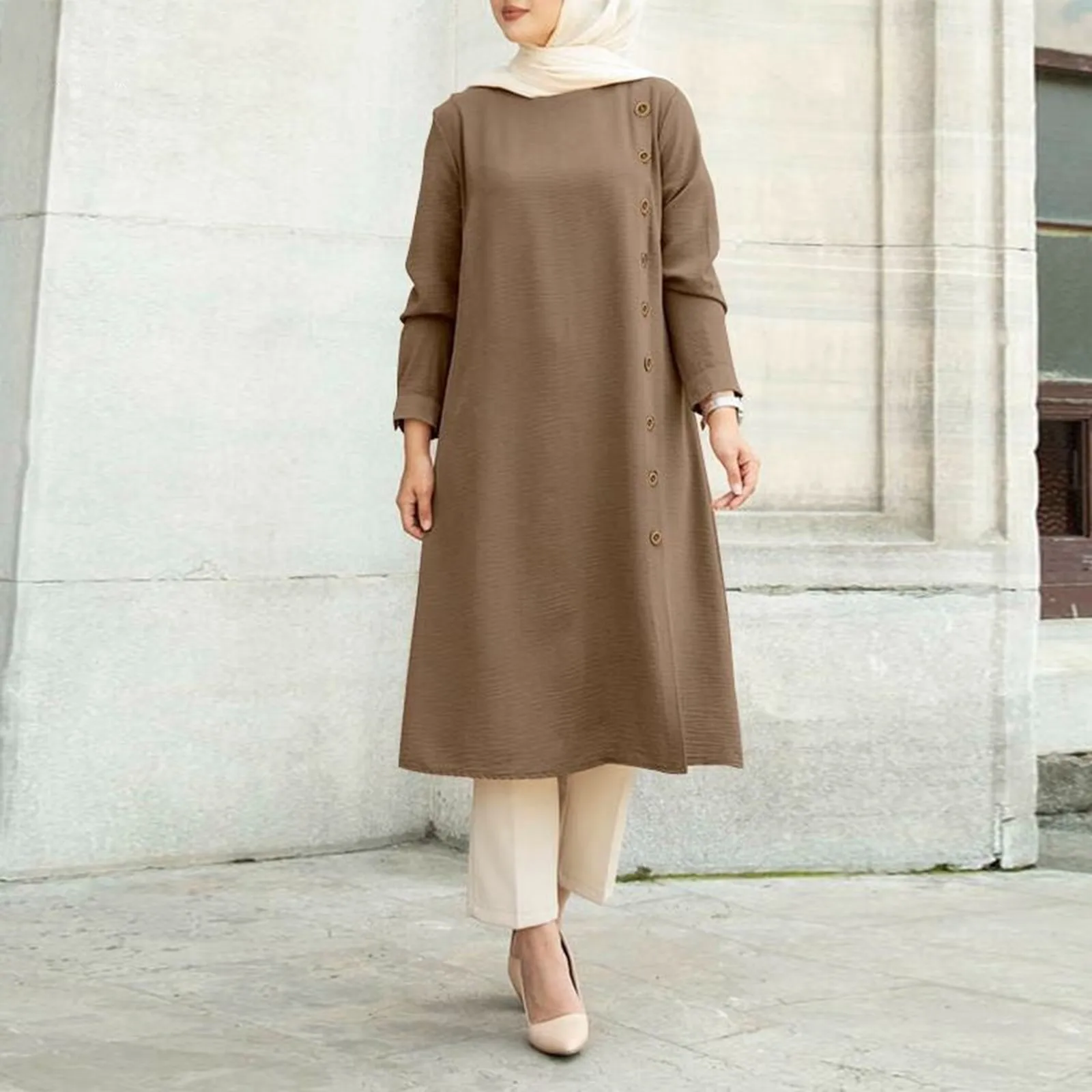 Ramadan Abaya 2024 Dubai Abaya Women\'s Solid Colour Button Loose Casual Round Neck Long Dress Robe Dress Muslim Islamic Dresses