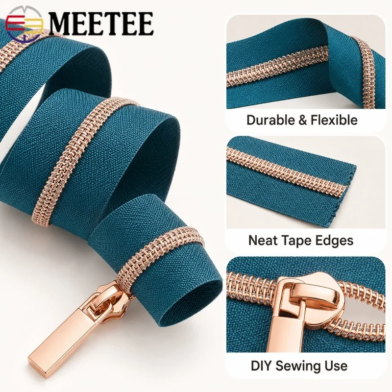 2-5m 5# Rose Gold Nylon Zipper Tape Plastic Coil Continuous Closure with Pull Heads for Bags Shoes Purse Garment Sewing Repair