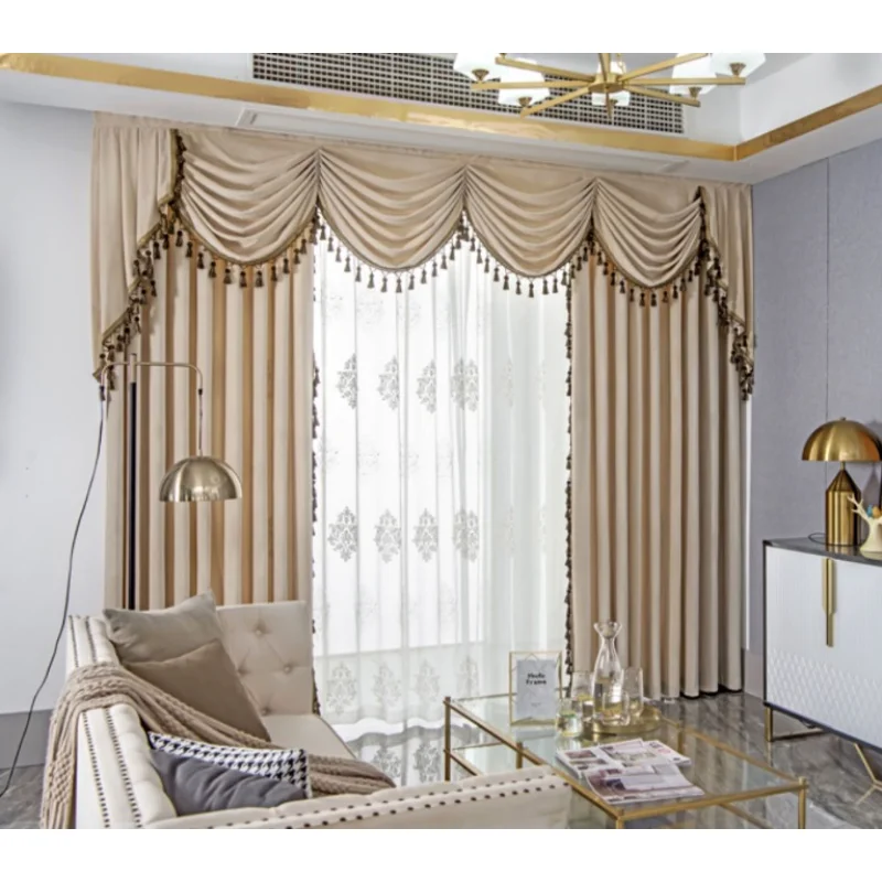 European Light Luxury Curtains for Living Room Milk Tea Color Cortina Bedroom Flannel Drapes Solid Color Window Curtain Valance