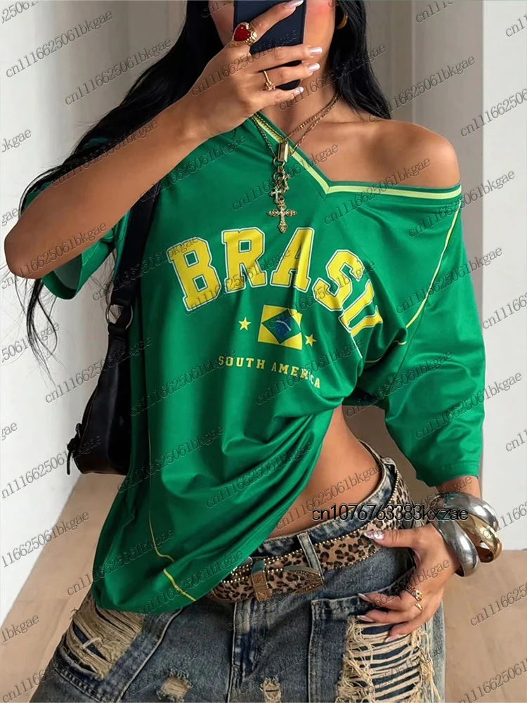 Summer New Brazil Print T-shirt For Women Patchwork O-Neck Short Sleeve Sports Tees Football Jersey Y2k Loose Oversized Tops