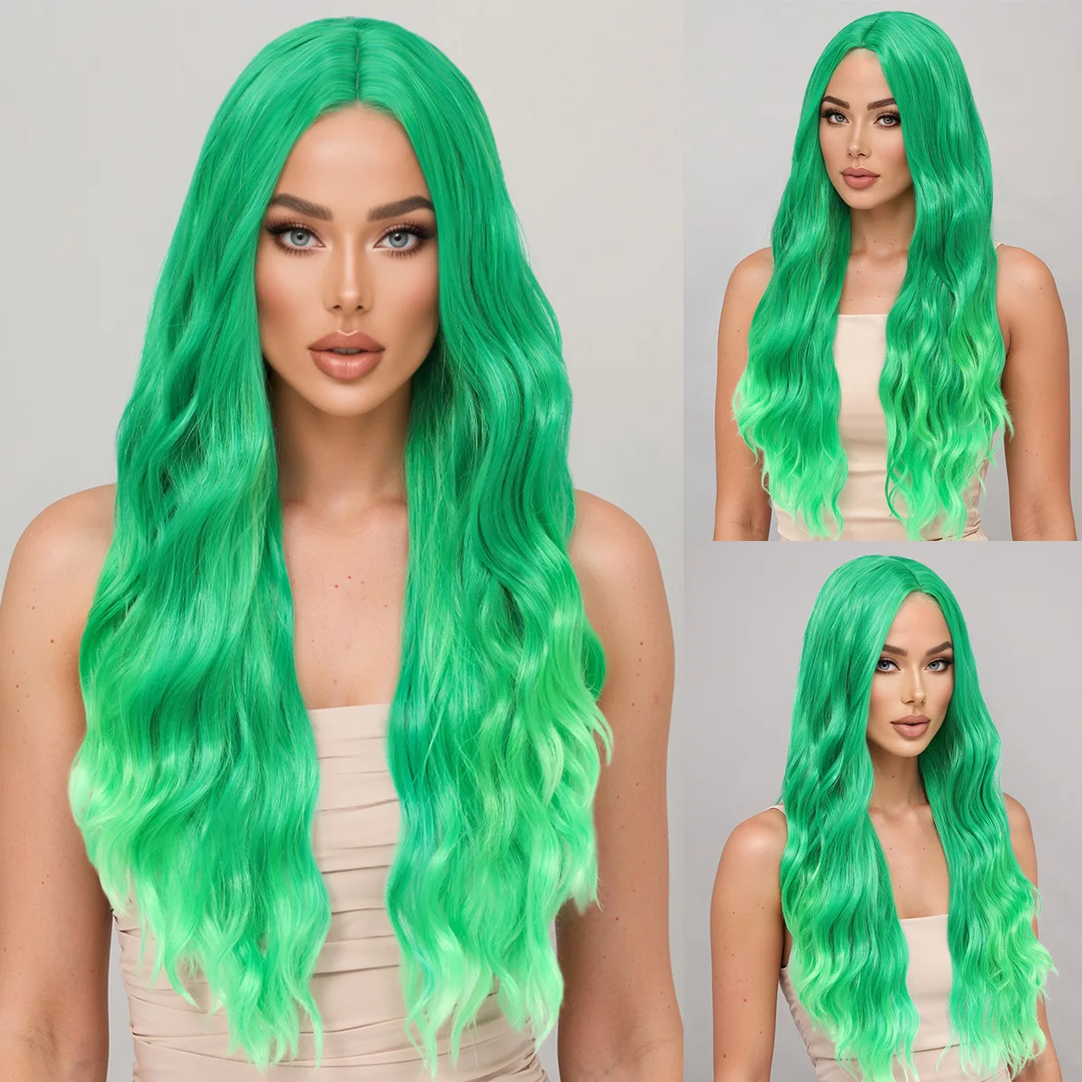 New Wig Women's Big Wave Long Hair Cover Korean Version Green Instant Noodles Head-Synthetic fiber wig