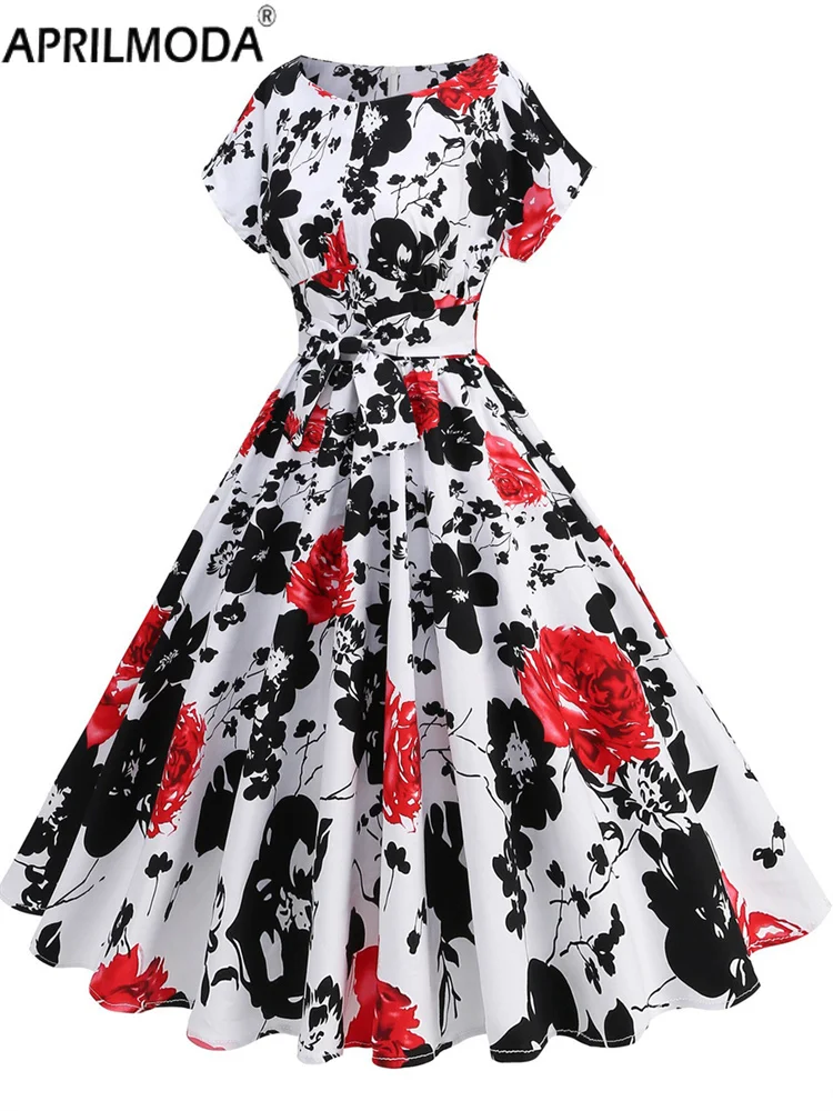50er Jahre Blumendruck Vintage Sommer Freizeitkleid mit Gürtel Elegant Kurzarm Urlaub Strand Midi Lange Runway Kleider Abendkleider