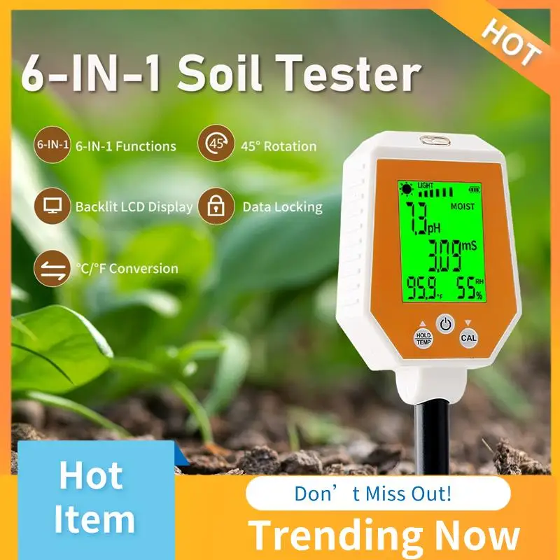 

AB08-6-In-1 Soil Tester PH/EC/Moisture/Sunlight/Air Humidity/Temp High Accuracy Conductivity PH Meter For Gardening Farming
