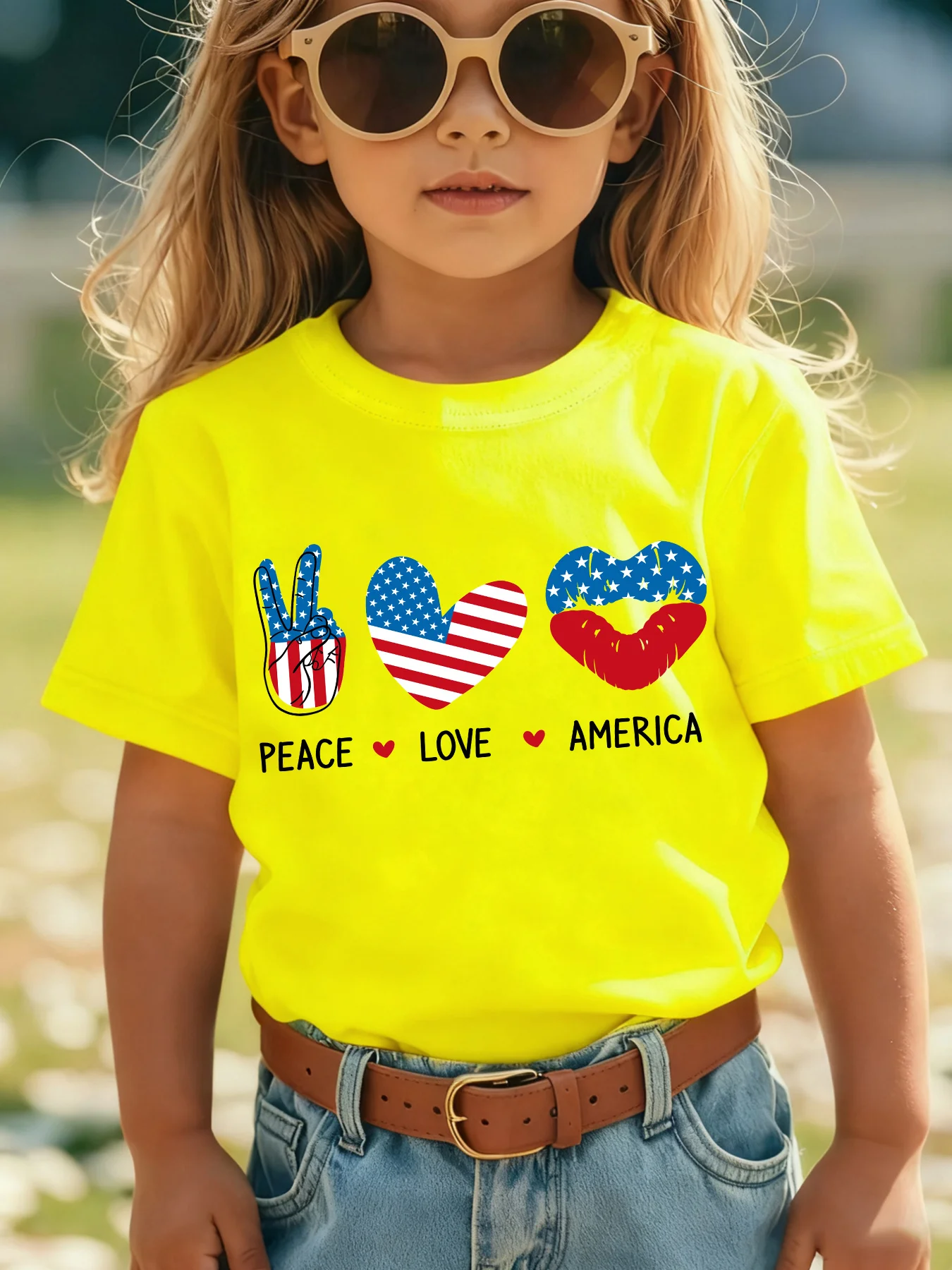 Kids Boys Girl Family Matching T Shirt Peace Love America USA Flag Print 4Th Of July Short Sleeve Cotton Tee Parent Child Outfit