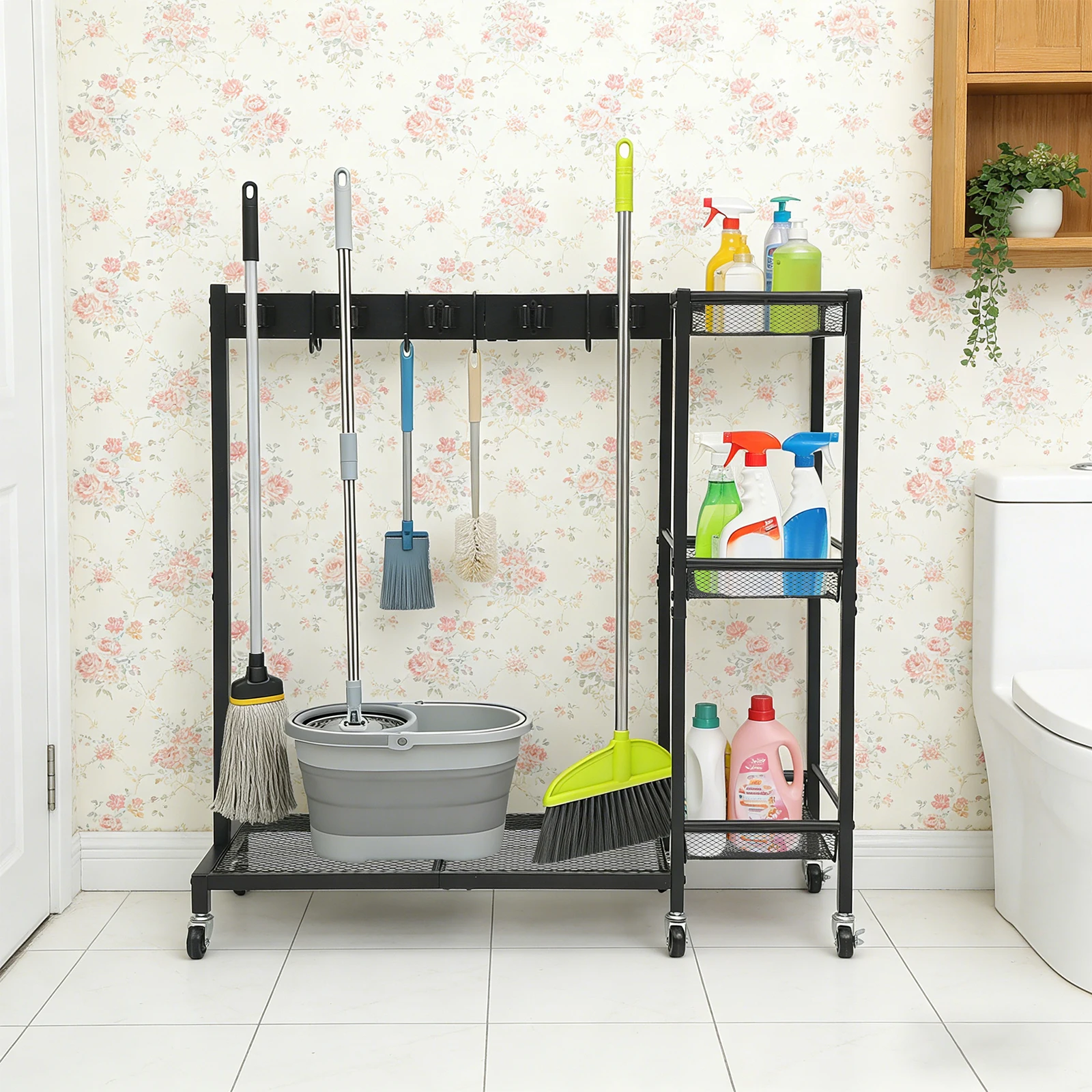 Black Cleaning Tool Storage Rack, Broom Holder Maximum Load-bearing Capacity 30kg, Broom Holder With Hooks