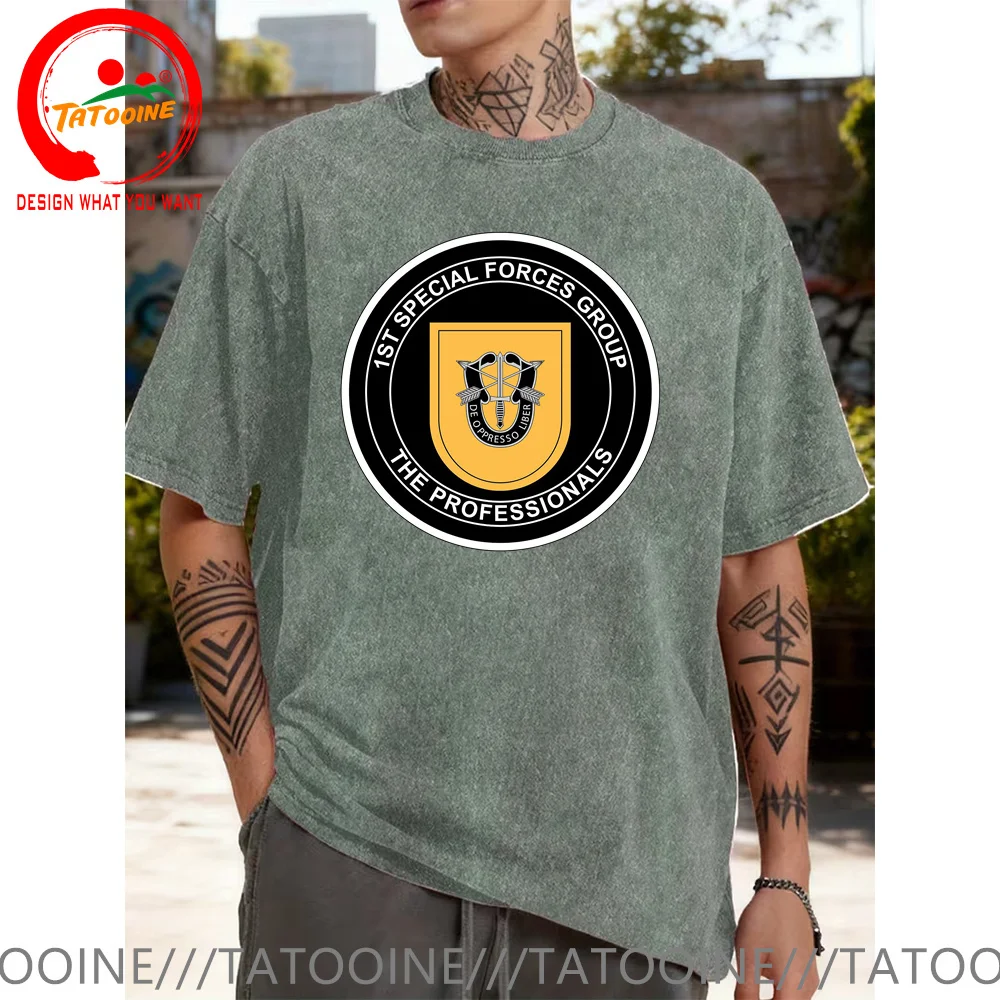 

Винтажная стираная хлопковая футболка армии США, футболка 1-го спецназа, мужская модная модная повседневная одежда, футболка, уличная рубашка