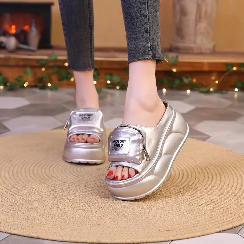 New platform mules slippers women's concise chunky slides shoes outdoor slippers woman silver zipper clogs ladies high slippers