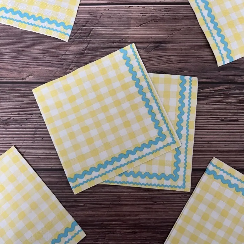 20pcs/Pac 25*25cm 3-Ply New Yellow Plaid Printed Paper Napkins Cocktail Napkins Party Decoration Paper Placemats