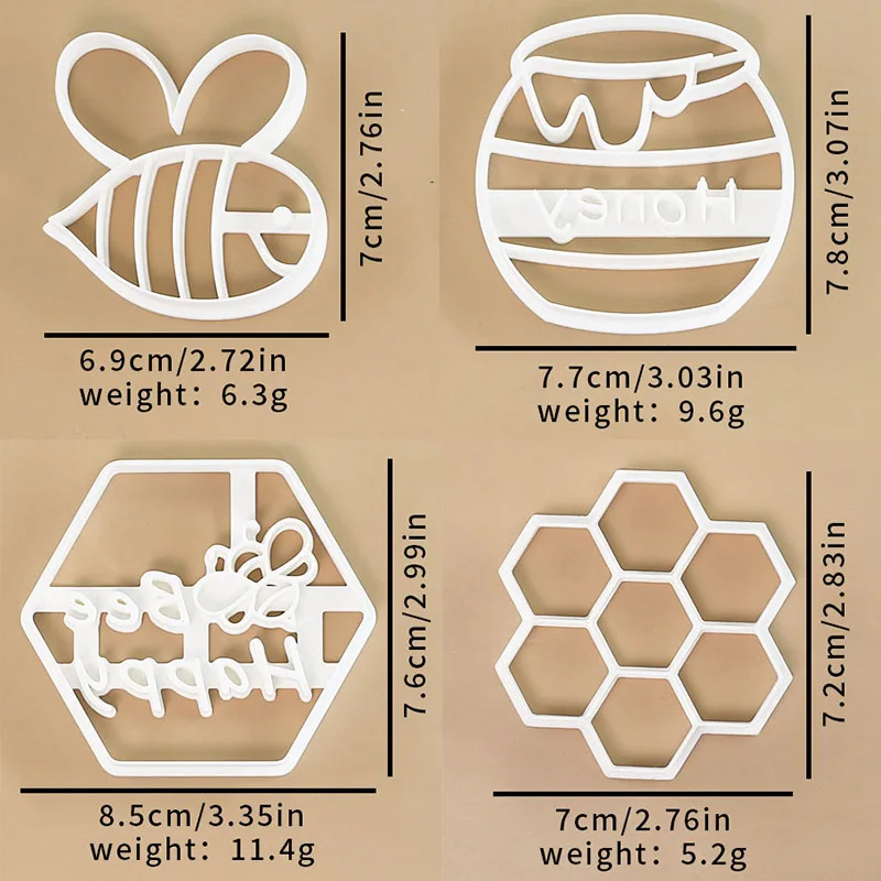 4 Pcs Bee Themed Cookie Cutter Honeycomb Beehive Biscuit Molds Cartoon Animal Insect Honeybee DIY Fondant Cake Baking Tools