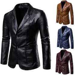 2024 New Men's Leather Suit Jacket Solid Formal Business Office Lapel Blazers Male Button-down PU Leather Coat Men Clothing