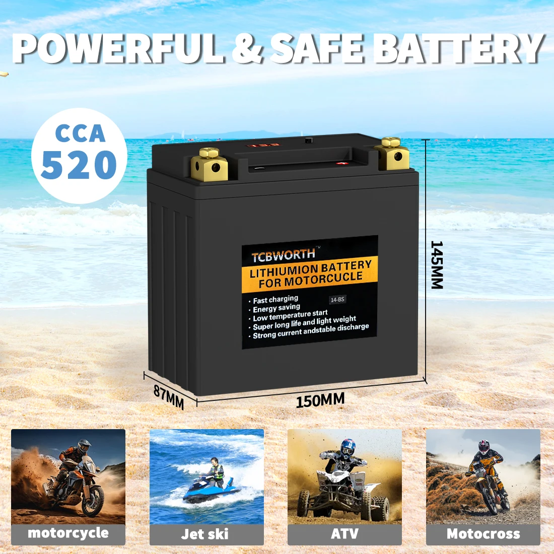 14-BS Lithium-Motorradbatterie 12 V 9 Ah 520 CCA, LiFePO4-Motorstartbatterie, kompatibel mit Traktor, Roller, Generatorbatterie – Detail 2