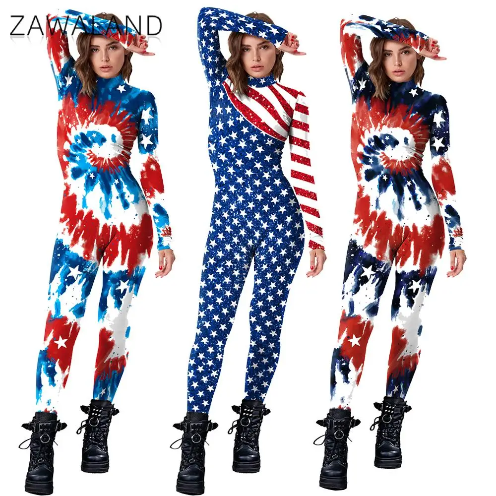 

Woman Us Holiday Jumpsuit Independence Day Fancy Dress Up Zentai Suit America Patriotism Cosplay Costume Party Sexy Bodysuit