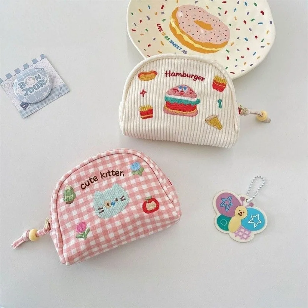 Cute Embroidered Shell Shape Cosmetic Bag Checkered Corduroy Small Storage Pouch for Daily Makeup Cards Headphones