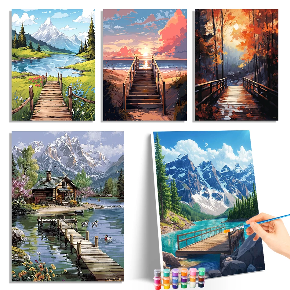 

GATYZTORY Painting By Numbers New Wooden Bridge Landscape Digital Canvas Picture Oil Art Framed Wall Art Modern Acrylic Paints