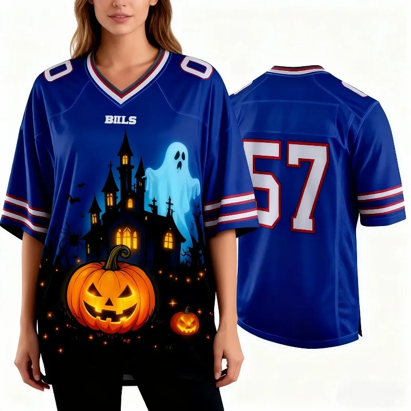 

Women's Summer Bills Football Jersey Halloween Ghost Jack Lantern Pumpkin & Haunted Castle Graphic Print #57 Casual Fashion Top