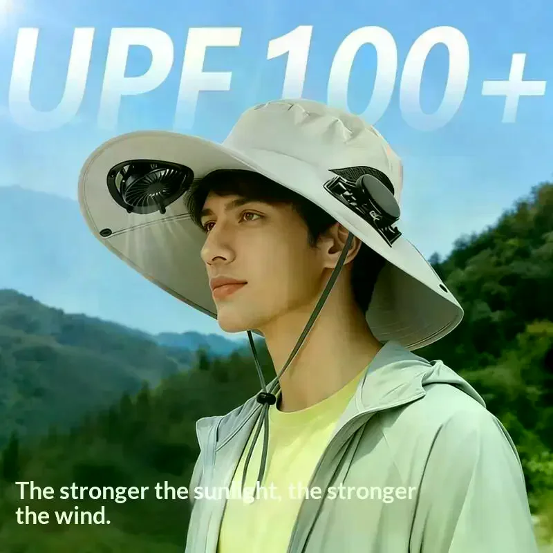 Men Quick Dry Bucket Hat Large Hat Brim Sun Hat With Solar Powered Fan USB Rechargeable For Outdoor Hiking Camping Fishing