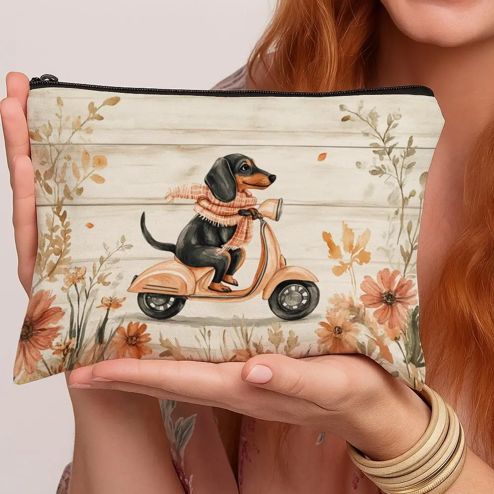 Cute Dachshund Scooter Fall Floral Print Cosmetic Bag Travel Makeup Organizer with Adorable Dachshund Dog Design Gift for Women