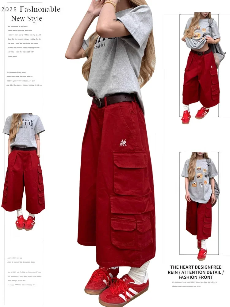 

Красные широкие джинсы-кюлоты женские, весна-лето 2025, новые, в американском уличном стиле, свободные, прямые, джинсовые шорты с множеством карманов