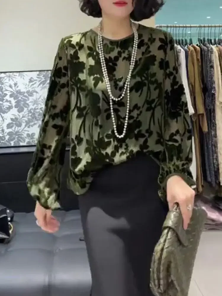 

Женская свободная и утягивающая модная и универсальная шикарная и стильная зеленая бархатная рубашка с длинными рукавами