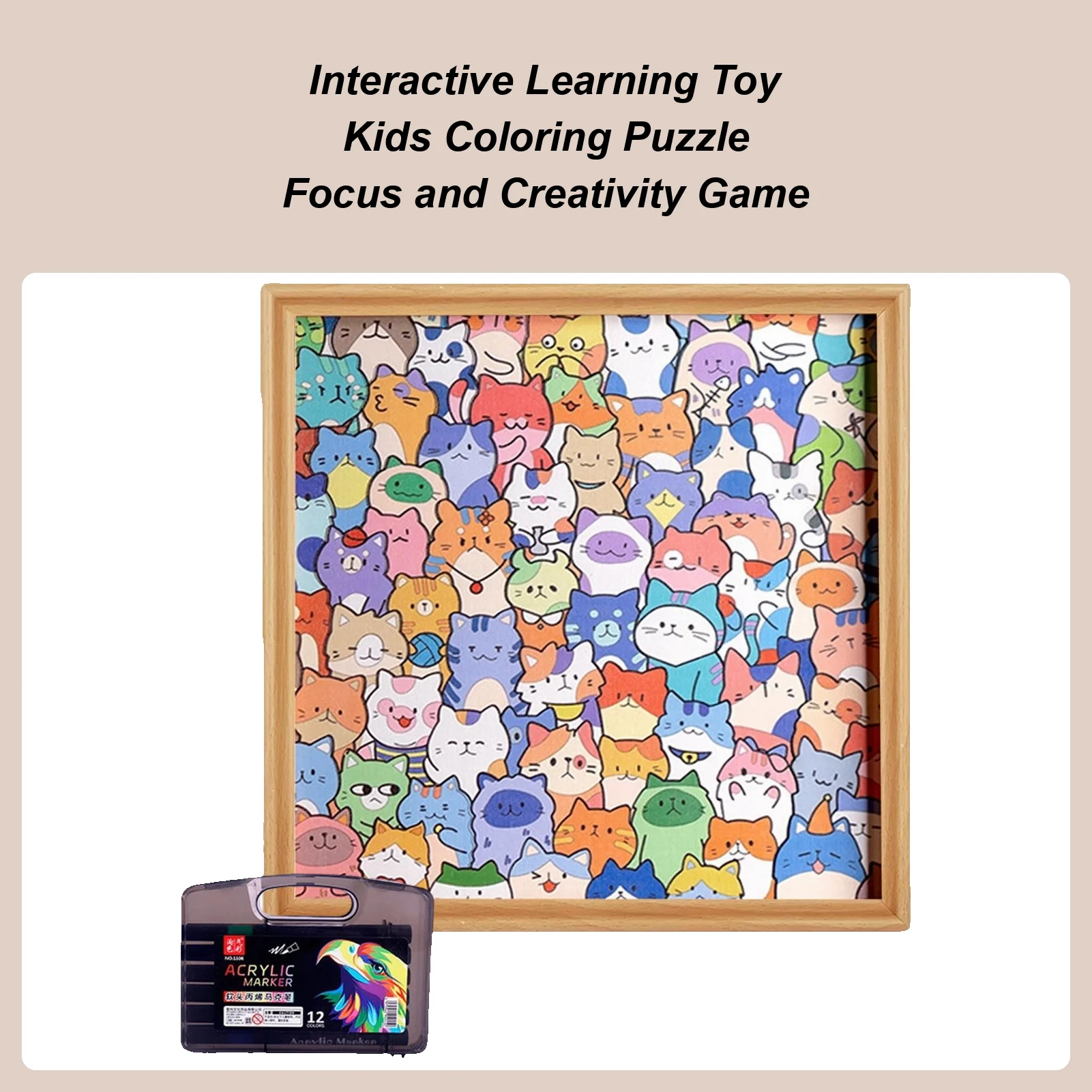 Cartoon Cat Hand-drawn Wooden Puzzle Cat Learning Toys With Markers Animal Jigsaw Puzzles With Frame For Kids Boys Girls