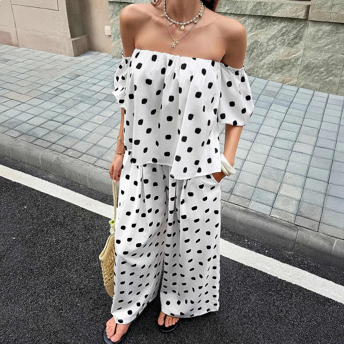 Women's Polka Dot Off Shoulder Matching Set Blouse Top Jumpsuit Playsuit Spring Summer