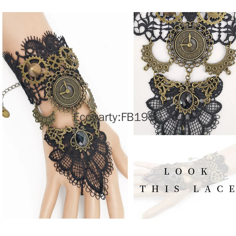 

Women Medieval Retro Steam Gothic Court Mechanical Pirate Bracelet Gothic Queen Vampire Lace Bracelet Halloween Costume Props