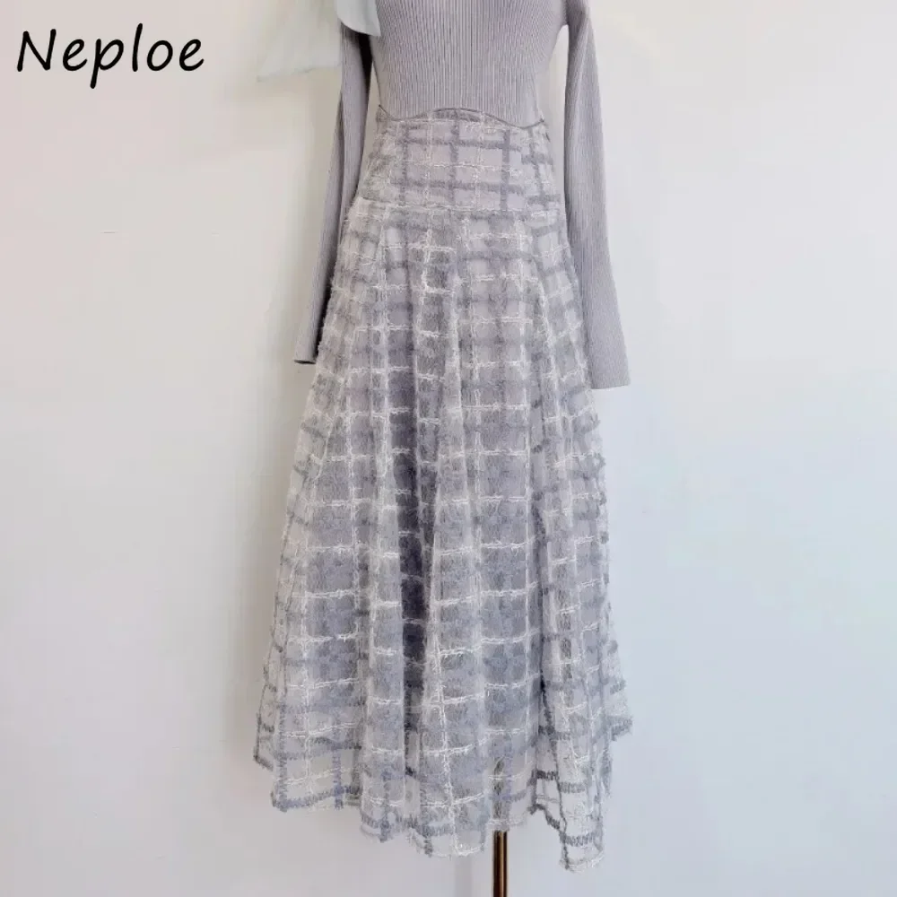 Neploe Elegant High Waist Slim Lace Up Women Faldas Plaid All-match Ball Gown Panelled Skirt Japanese New Flash Luxury Falda