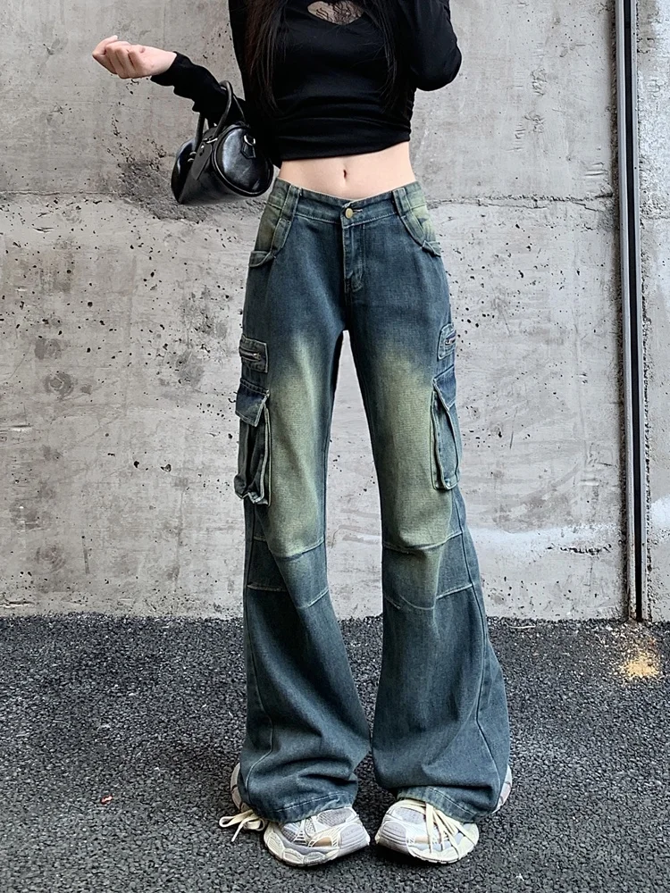 

2025 Hosen Y2K Fashion Vintage Blue Pleated Flare Jeans Pants For Women Clothing Korean Casual Lady Denim Trousers Ropa Mujer