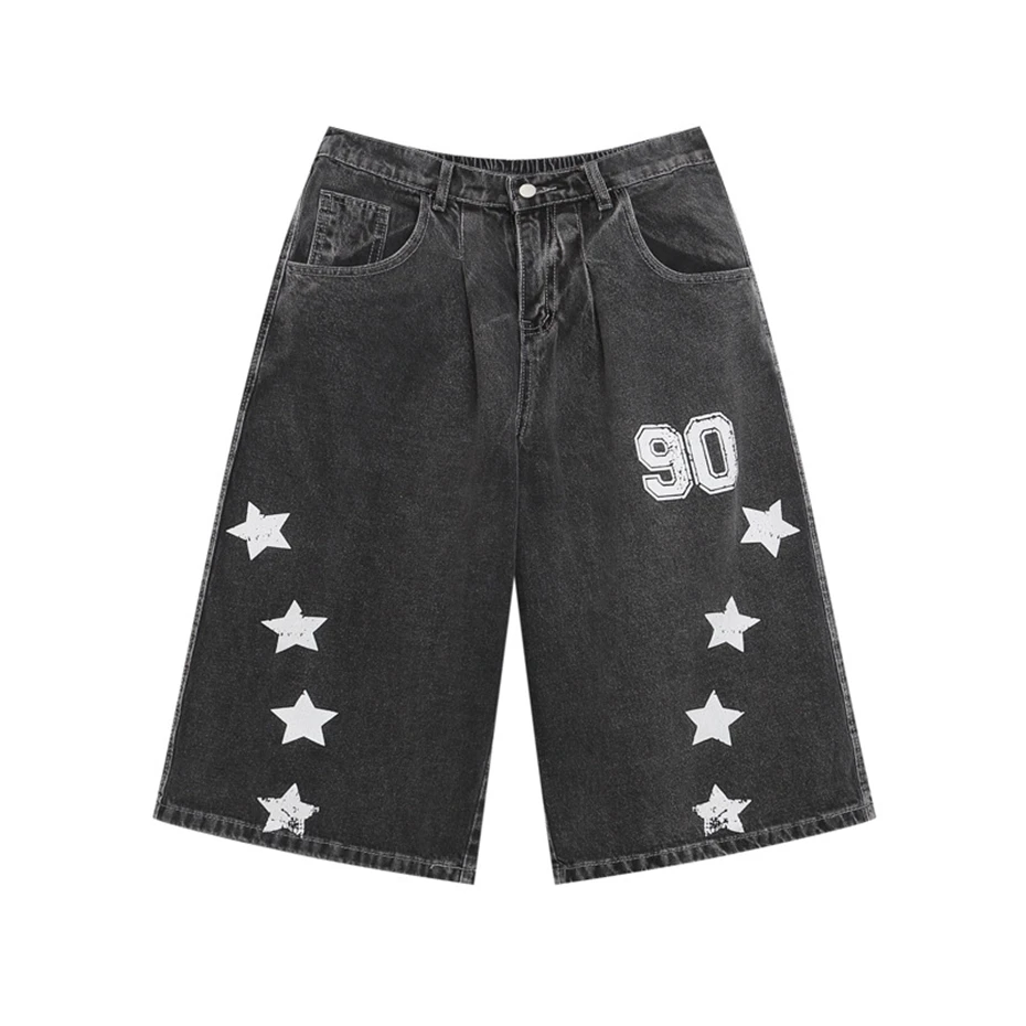 

Vintage Stars Print Denim Shorts Mens Streetwear Hip Hop Punk Jeans Short Men Harajuku Baggy Cowboy Calf Length Pants Male