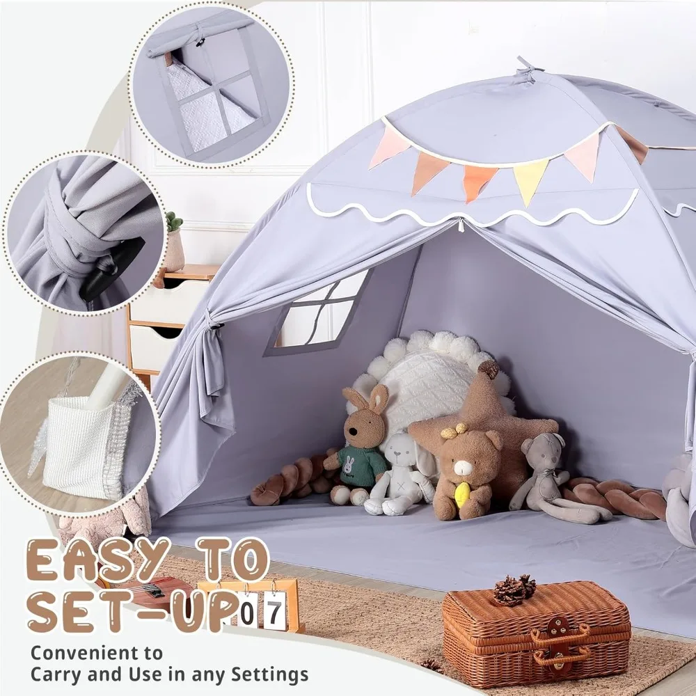 Tenda Tempat Tidur Balita Sumbababy: Lampu & Bendera, Tenda Tempat Tidur Lantai Dalam Ruangan untuk Anak-Anak - Rumah Bermain Portabel & Lipat, Tirai Tempat Tidur Tingkat Twin