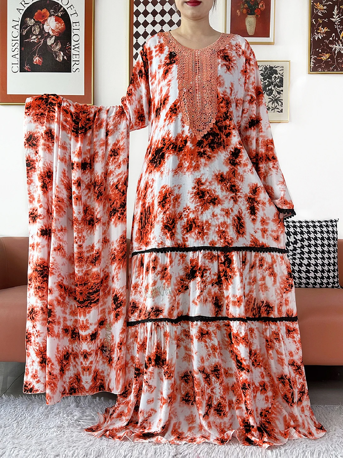 Newest High Quality Kashkha Women Elegant Tie-dye Cotton Abaya Dress Long Sleeve Loose Boho Maxi Casual Fashion African Vestidos