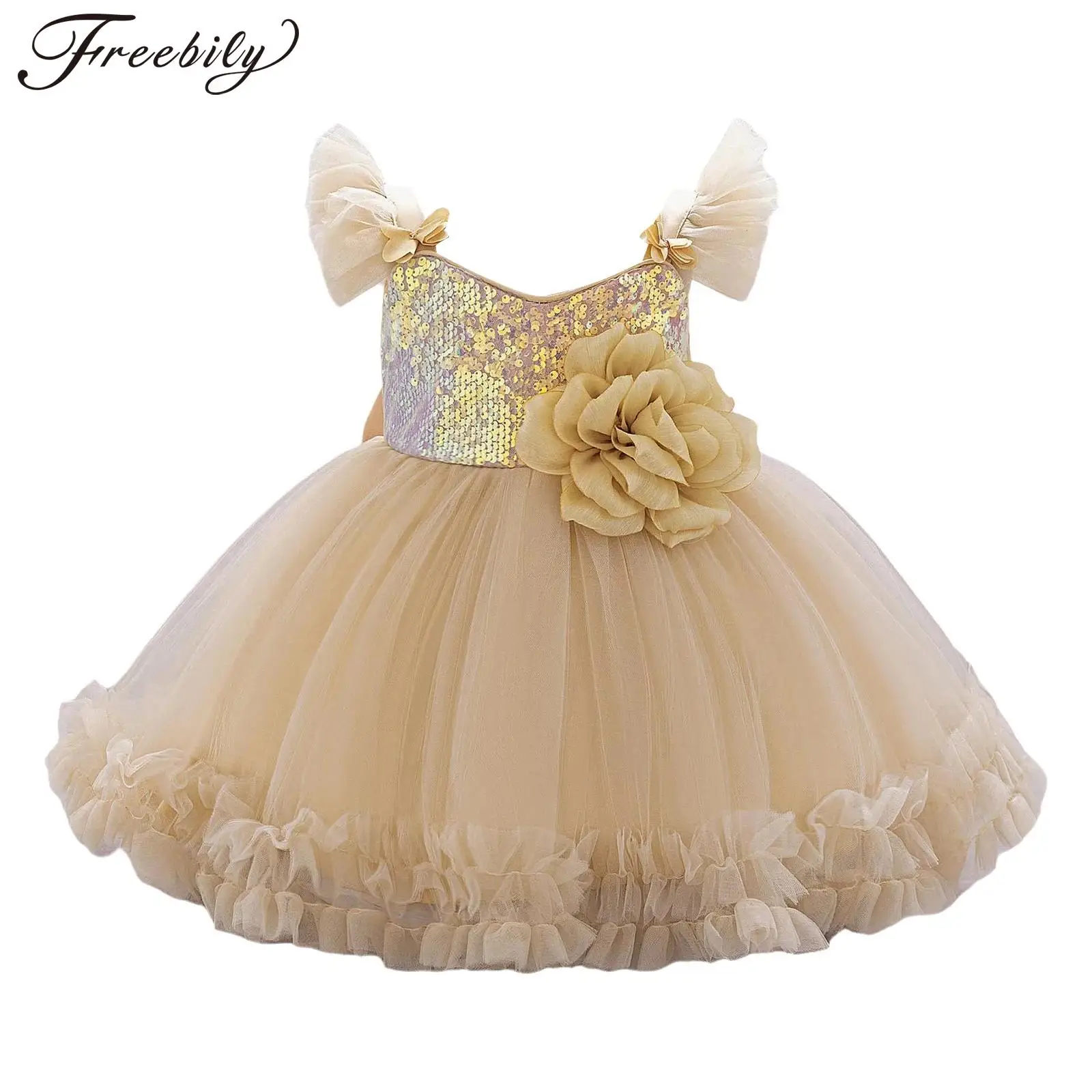 

Baby Flower Girls Summer Princess Dress Fly Sleeve Sparkly Sequins Mesh Tutu Dresses Gown for Pageant Wedding Birthday Party