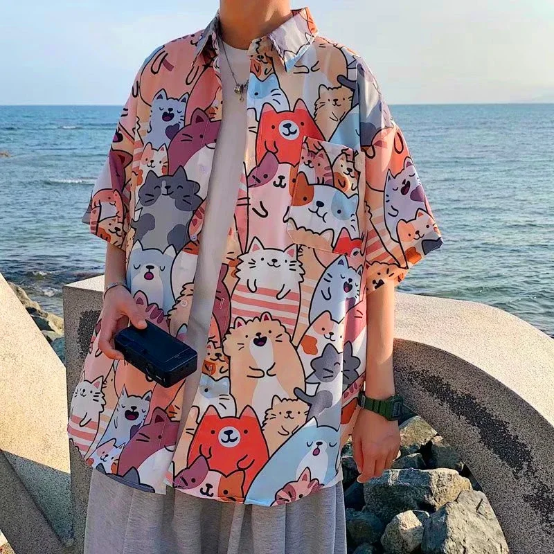 Camisa con estampado de gato de dibujos animados para hombres y mujeres, blusa con botones, ropa de playa hawaiana, ropa japonesa Harajuku coreana,