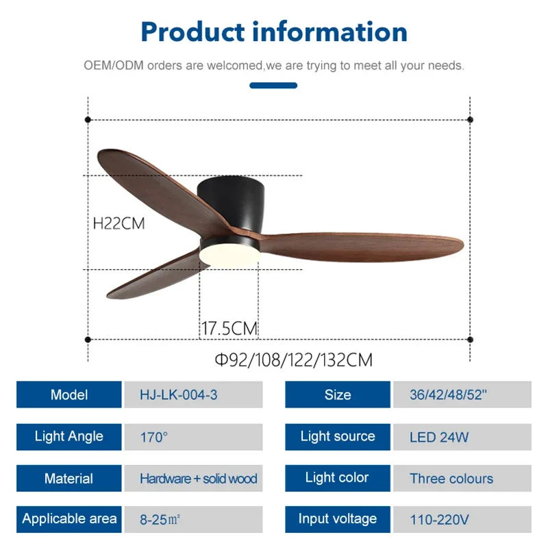 Imagem -03 - Ventiladores de Teto com Controle Remoto Lâminas de Madeira Motor dc Piso Baixo Suporte de Luz Tricolor 24w 43 in 52 in Lâminas
