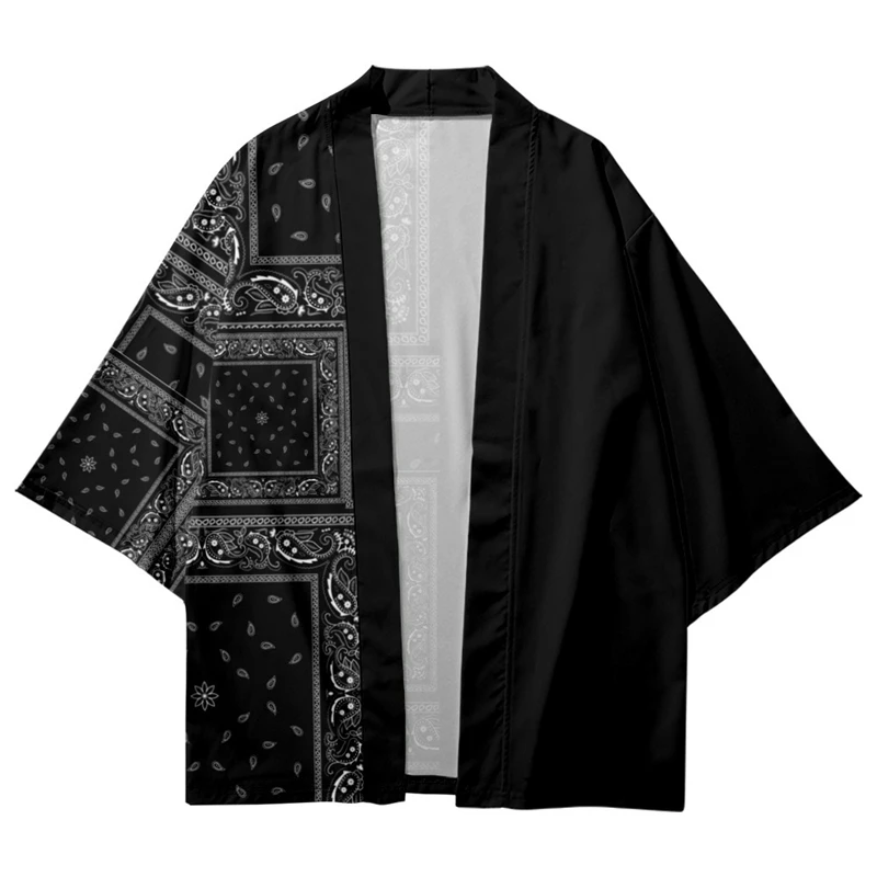 

Japanese Streetwear Patchwork Geometric Print Samurai Kimono Cardigan Traditional Fashion Women Men Black Haori Yukata