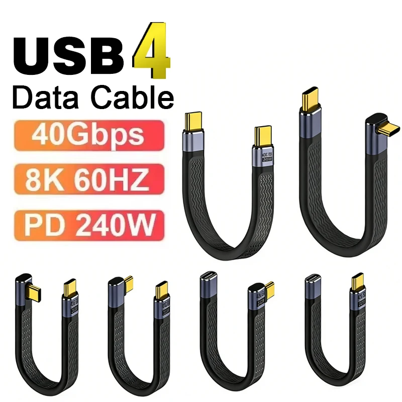 USB4 Short Cable 40Gbps Data Transfer 240W PD Fast Charging Thunderbolt 4/3 Angle Type C Cable for SSD Laptop Macbook Connector