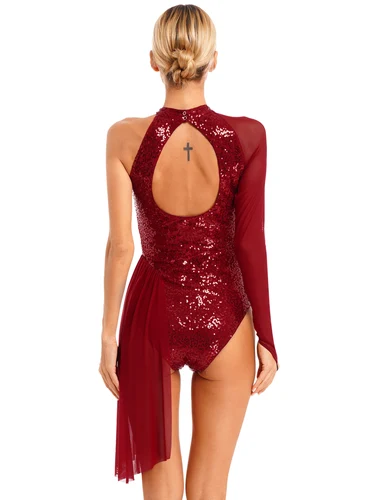 Imagen 2 del producto Vestido de tutú de Ballet con lentejuelas para mujer adulta, leotardos de gimnasia de manga larga de malla de un hombro, figura lírica, patinaje sobre hielo, ropa de baile