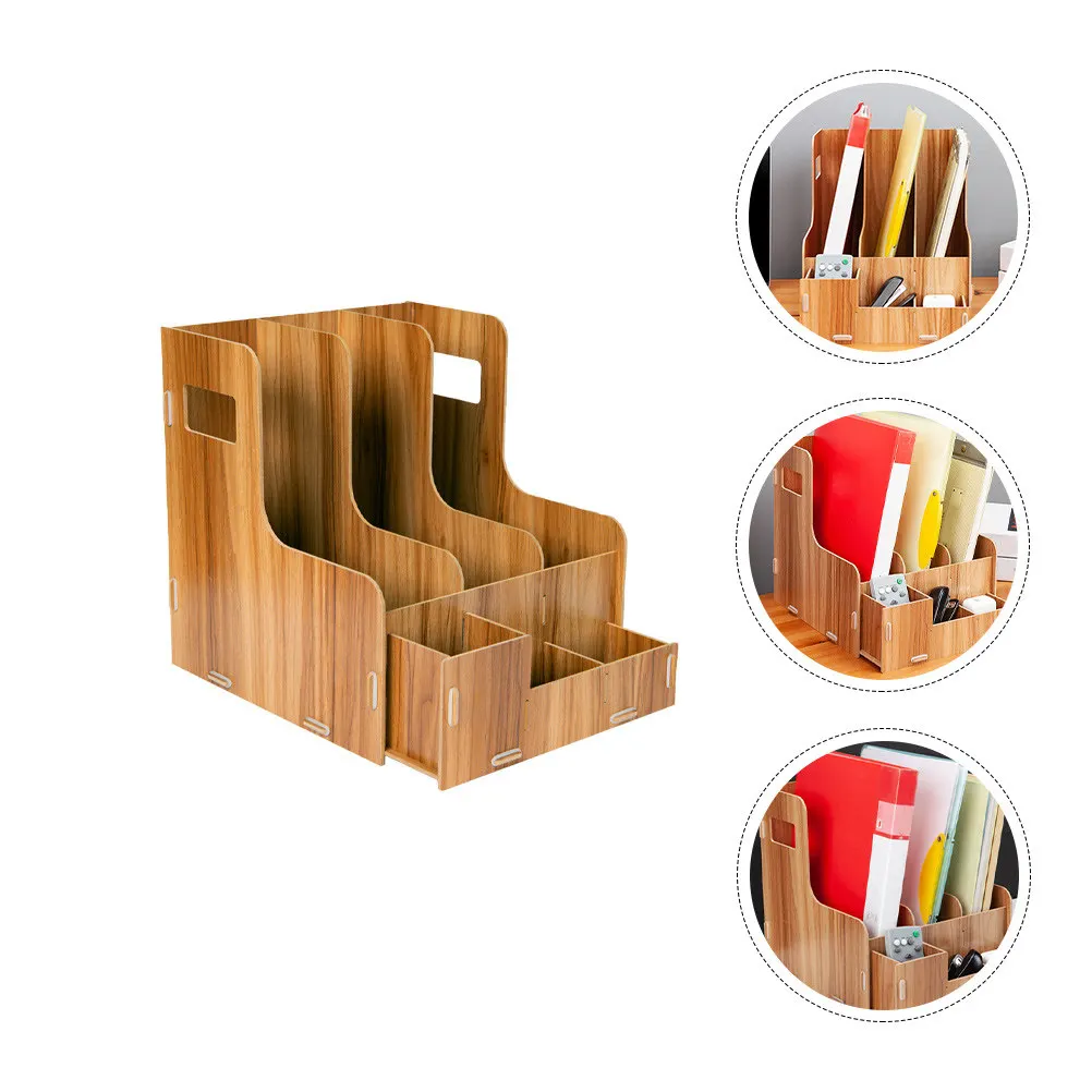 

Wooden Desktop File Organizer Modern Design Desk Storage Rack Multipurpose Storage Container Pen Notebook Holder Office