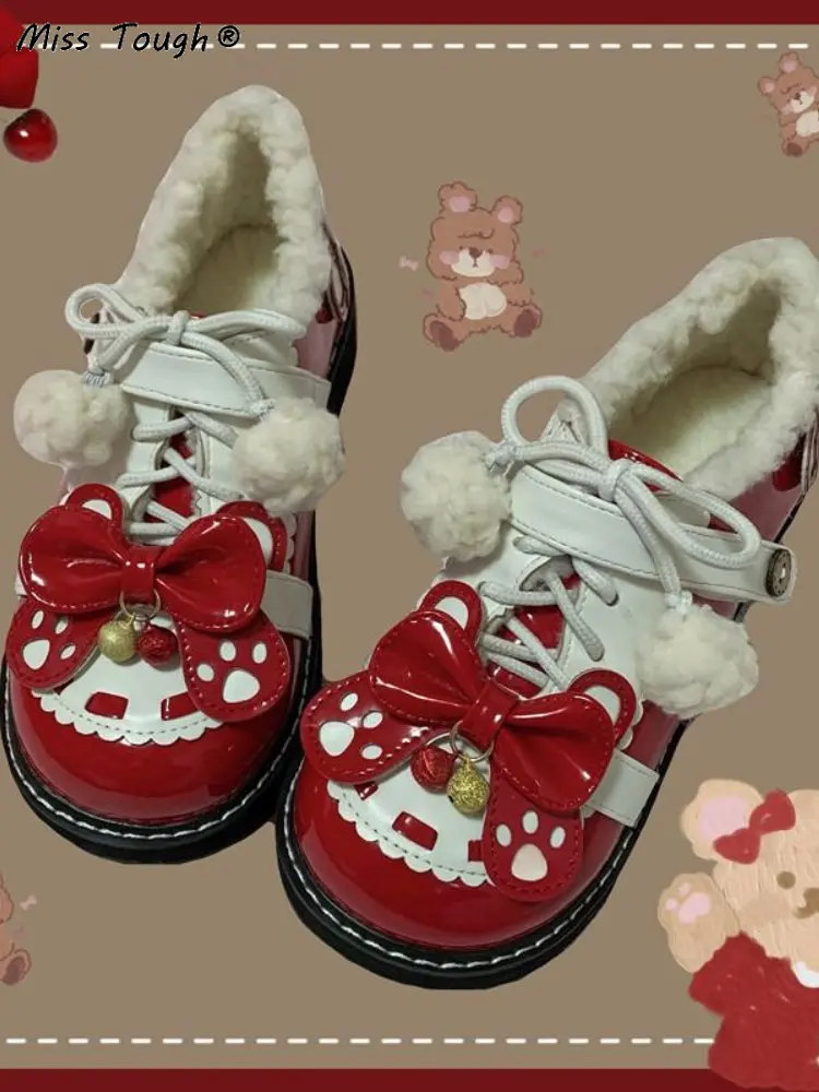 Winter Red Lolita Kawaii Shoes Women Bow Japanese Style Sweet Plush Pumps Female Christmas Fashion Round Toe Casual Shoes 2022