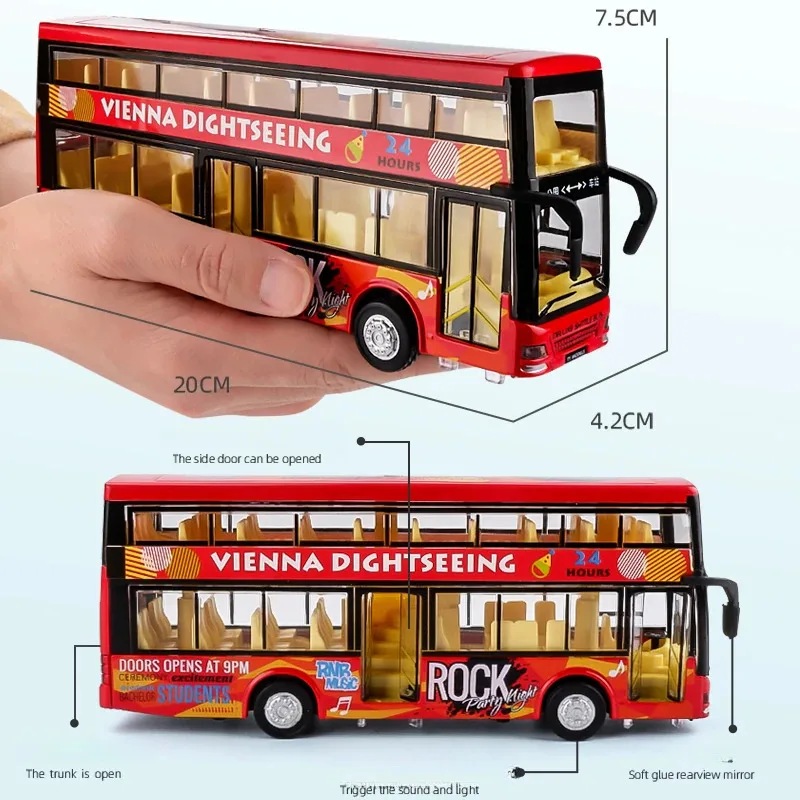 نموذج حافلة لمشاهدة معالم المدينة ذات الطابقين، ضوء الصوت، ألعاب التراجع، سيارة الأطفال الصبي، هدية محاكاة سبيكة مصغرة