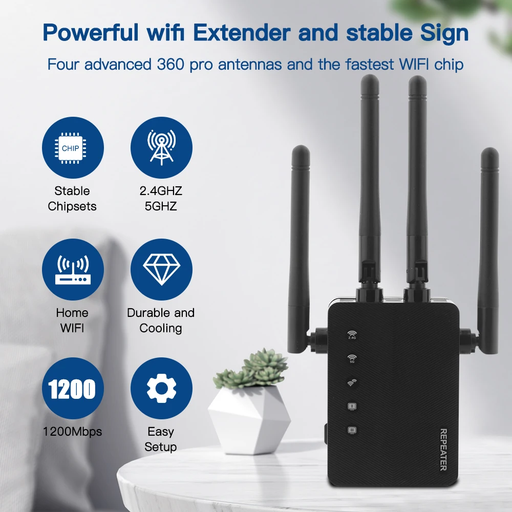 WiFi Repeater 1200Mbps Dual Band 2.4/5GHz เครื่องขยายสัญญาณไร้สาย WIFI ยาวช่วงสัญญาณ Booster Adapter สําหรับ Home 4 เสาอากาศภายนอก