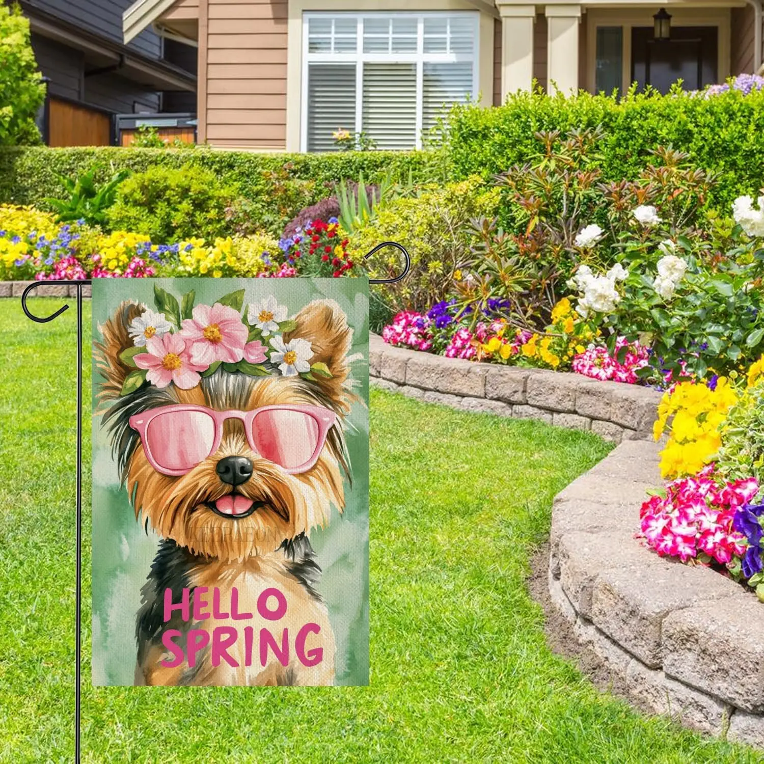 KEEPAEON Hello Spring Floral Yorkshire Terrier Garden Flag 12x18 Inch Double Sided Burlap Outside, Flower Seasonal Sign Smal uui