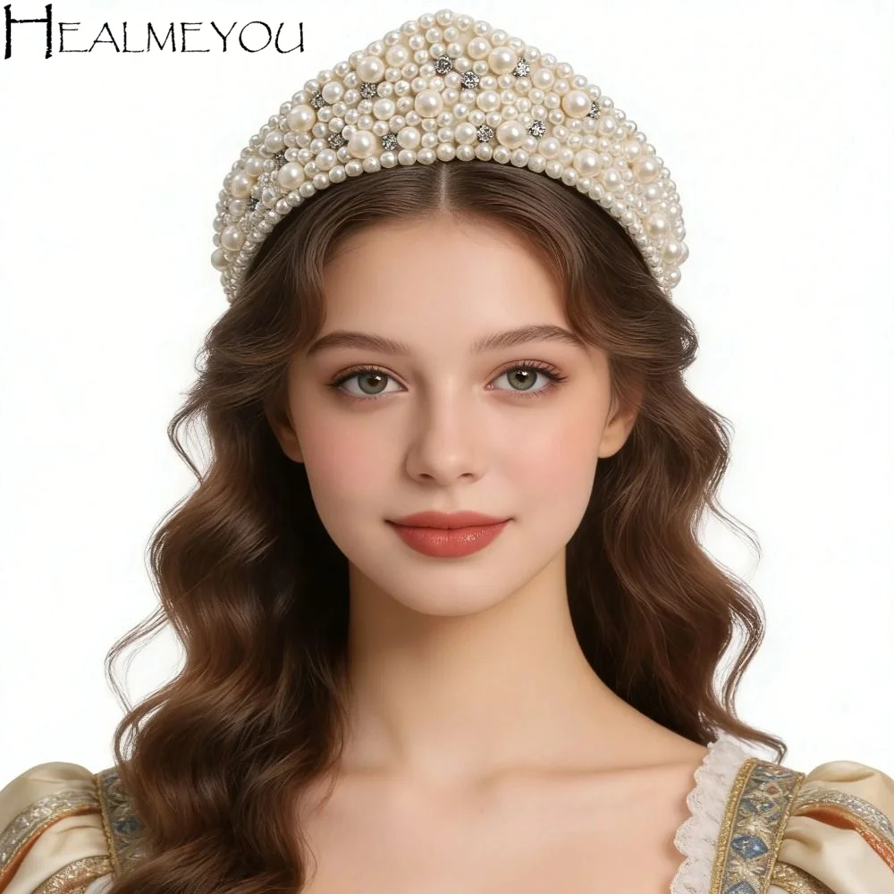 

Винтажная элегантная бархатная повязка на голову в форме короны, треугольная эластичная повязка с жемчугом и стразами, широкая барочная губчатая повязка для волос, свадебная