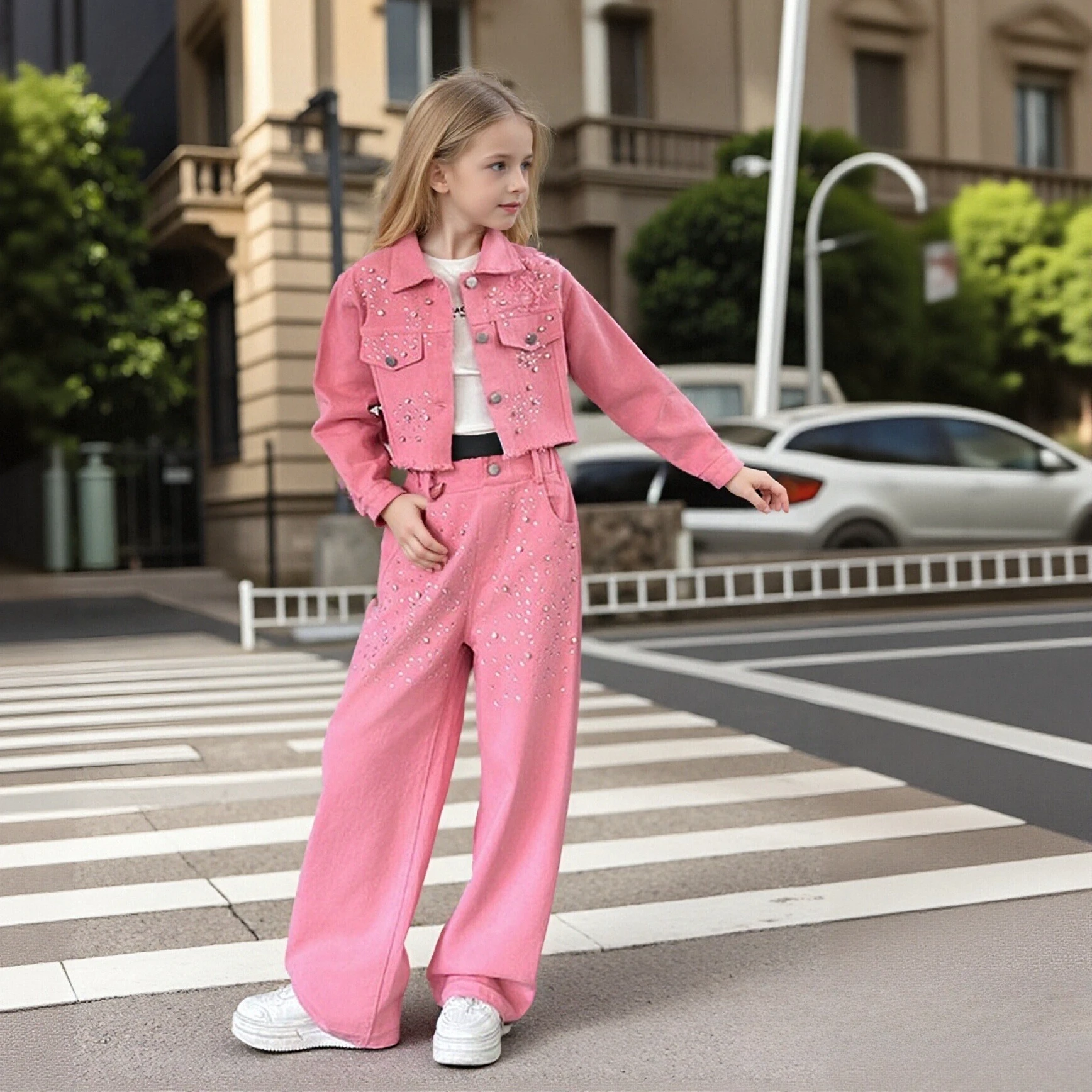 2026 Spring Girls Denim Outfits Set Rhinestone Pink Short Jacket Wide Leg Pants Fashion Casual Two-Piece Teen Children Costumes