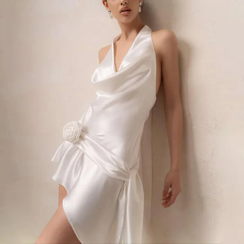 파리 스타일 로즈 불규칙 원피스 우아한 여성 행잉 넥 백리스 짧은 미니 원피스, 보라색 광택 새틴 파티 드레스