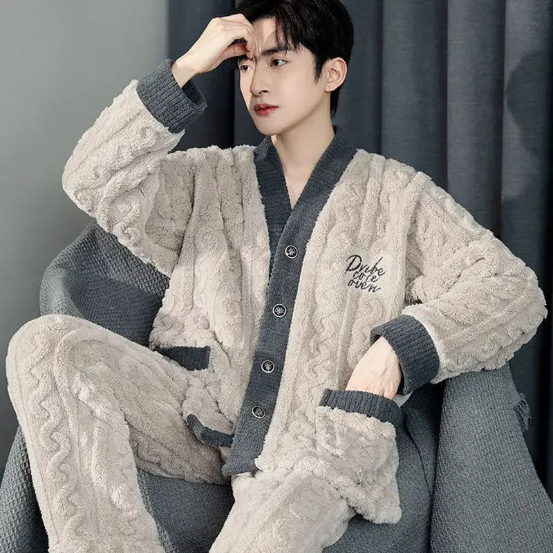 

Patchwork Jacquard Sleepwear Men Pajamas Set Warm Autumn Winter Thick Long Sleeve Pants Nightwear Flannel Homewear Sets Button