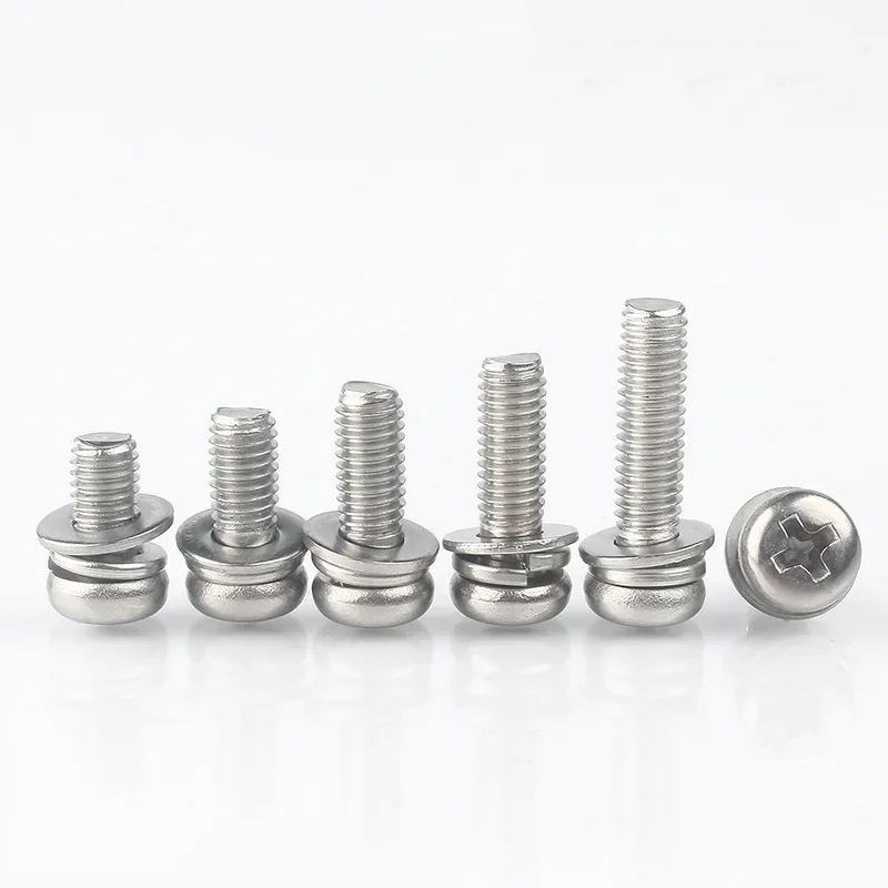 10Pcs Cross Machine Knobs Screws Combine with Spring Washer and Plain Washer Phillips Pan Head Three Combination Screws M3 M4 M5